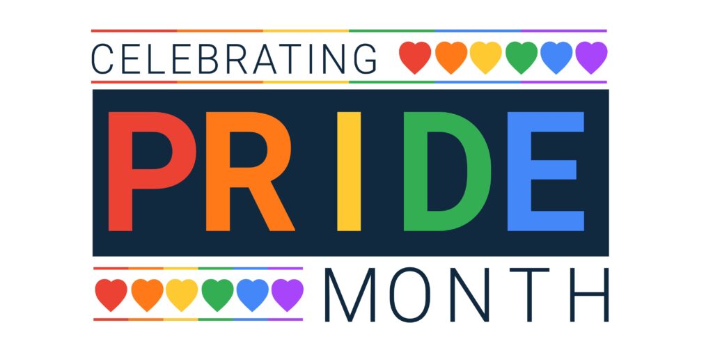 Comemorando o mês do orgulho com o coração. Banner brilhante do arco-íris para outdoors e camisetas, pode ser usado como um selo para bonés e máscaras. Isolado em um fundo branco.